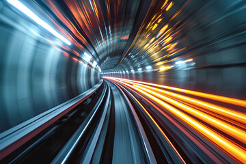 Subway tunnel with blurred light trails from an incoming train - obrazy, fototapety, plakaty