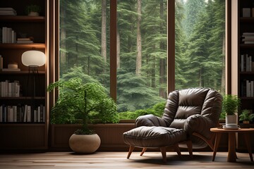 Elegant reading nook with a lush forest backdrop - obrazy, fototapety, plakaty