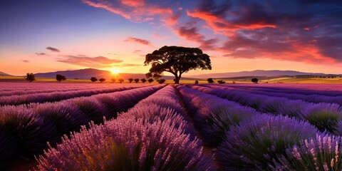 Dusk descending on a fragrant field of lavender in Provence - obrazy, fototapety, plakaty