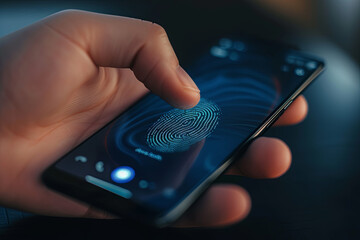 An individual unlocking their smartphone using fingerprint recognition - obrazy, fototapety, plakaty