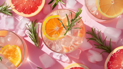Cold grapefruit cocktail adorned with a delicate twig of rosemary and slices of lemon, creating a refreshing and aromatic drink, perfect for any occasion, Generative AI

