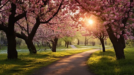 Spring garden path with morning light