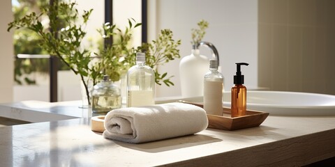 Modern Bathroom Accessories Towels, Brushes, and Plants