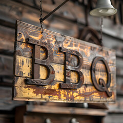 An old fashioned wooden BBQ sign in front of a Barbeque restaurant 