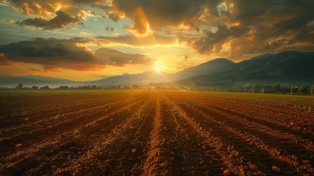 1h photo of Farmers sow fertilizer in the fields in the evening. sofl light