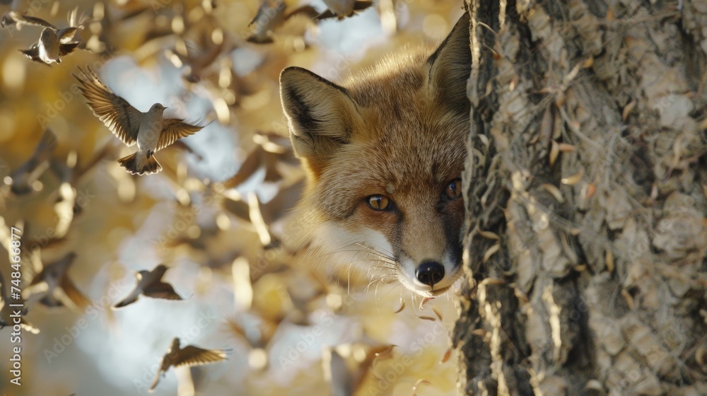 Poster a closeup shot of a curious fox poking its head out from behind a tree its sharp eyes intently watch