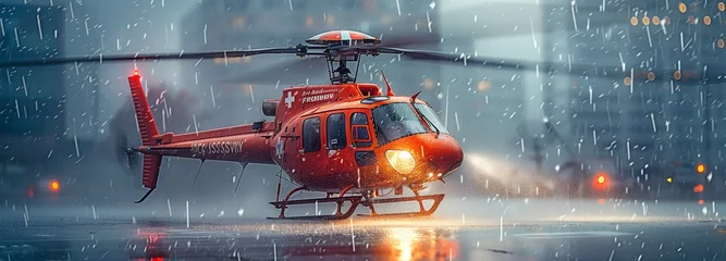 Papier Peint photo hélicoptère Emergency medical services provided by helicopters departing in a strong thunderstorm while drenched from a hospital helipad