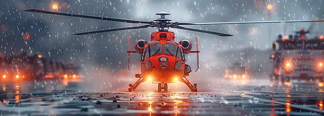 Selbstklebende Fototapeten Emergency medical services provided by helicopters departing in a strong thunderstorm while drenched from a hospital helipad © tongpatong
