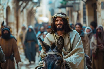 Tuinposter Jesus on Palm Sunday, on a donkey, received by the crowd © xavmir2020
