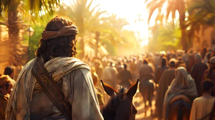 Fotobehang Jesus on Palm Sunday, on a donkey, received by the crowd © xavmir2020