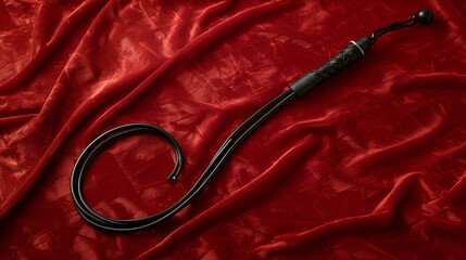 Luxurious black leather whip on red velvet background with dramatic lighting, perfect for BDSM and fetish concepts, Generative AI.

 - obrazy, fototapety, plakaty