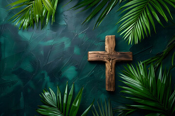 cross and palm leaves. Palm sunday and easter day concept.