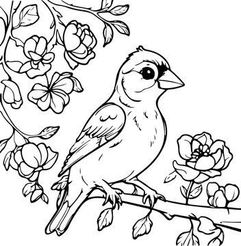 Hand drawing coloring for kids and adults. Beautiful drawings with patterns and small details. Coloring pictures with bird in blooming tree branch, flowers. Vector