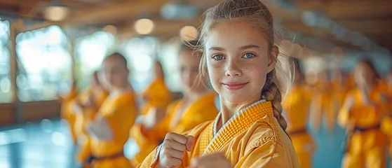 Gordijnen Children exercising in Taekwondo at the martial arts school, practicing strikes © tongpatong