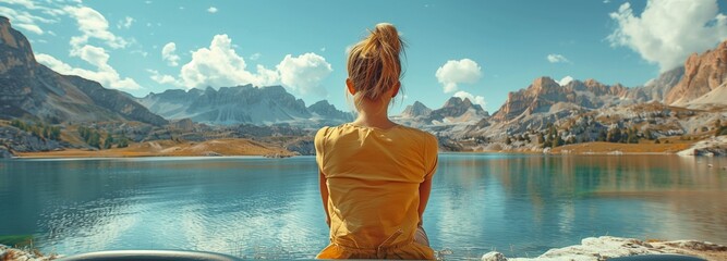 Young woman relaxing while taking in the scenery around a mountain lake - obrazy, fototapety, plakaty