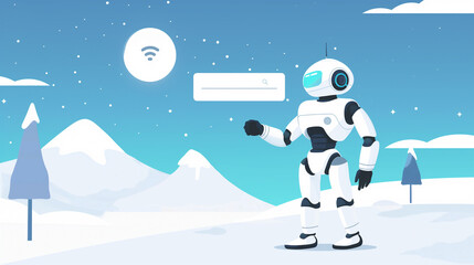 Fototapeta premium Robot communicating with the moon. Search bar. Snowy background, illustration, cyber
