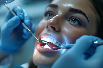 Dentist perform medical examination of young woman's teeth. Girl is smiling, she is not afraid or not suffer pain. Mock up portrait for clinics.
