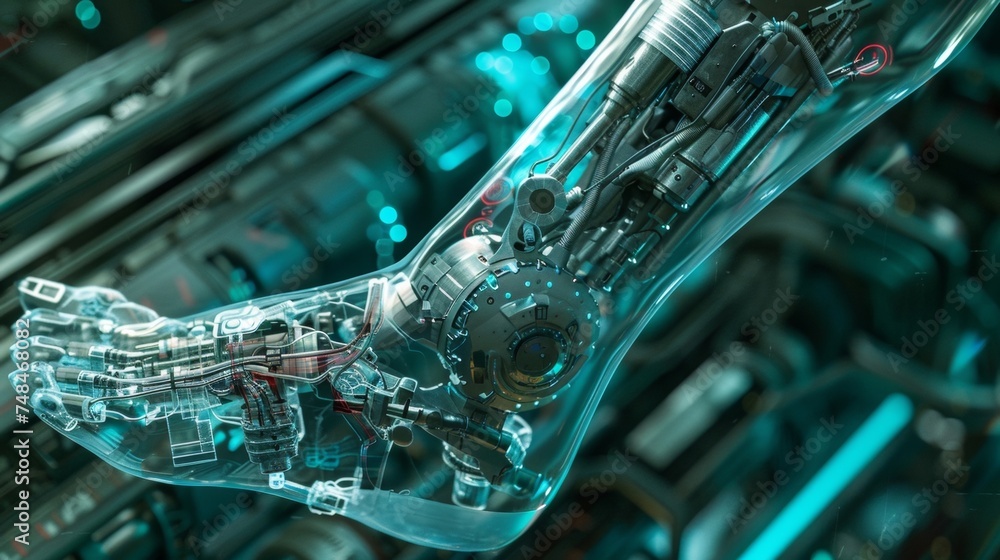 Poster a closeup of a cybernetic leg with gears and circuits visible through the transparent casing showcas