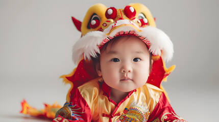 Celebrate the Lunar New Year with a cute baby dressed in a luxurious traditional Chinese dragon costume, radiating joy and cultural heritage. Generative AI.

