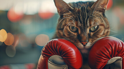Boxer cat with a serious face fiercely staring to the camera, capturing the essence of feline dominance and determination, Generative AI.

 - obrazy, fototapety, plakaty