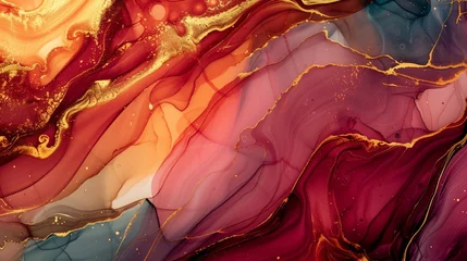  Beautiful swirl marble abstract background with a mix of burgundy, gold, red and maroon colours © sundas