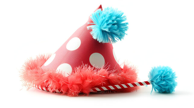 Bright party hat with fluffy pompon and white polka dot, surrounded by cheerful balloons and confetti, adding joy to the celebration, Generative AI.

