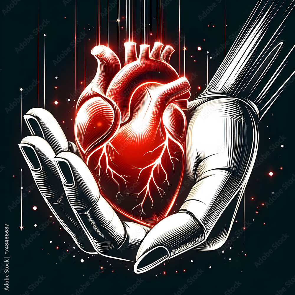 Poster human heart in the hands of a robot on a dark background generative ai