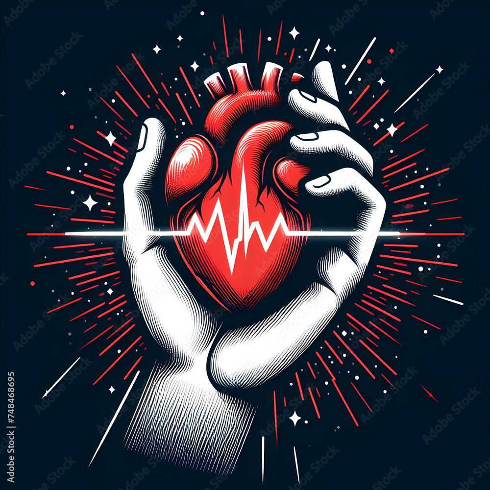Poster human heart in the hands of a robot on a dark background generative ai
