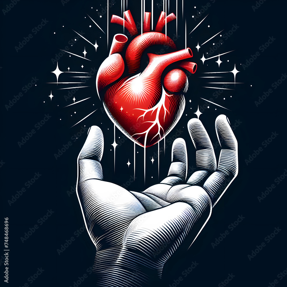 Poster human heart in the hands of a robot on a dark background generative ai