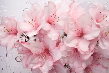 Poster Pink azaleas seen through a rainy window. Fantastic and dreamy flower background on white background.   © NoonBusin