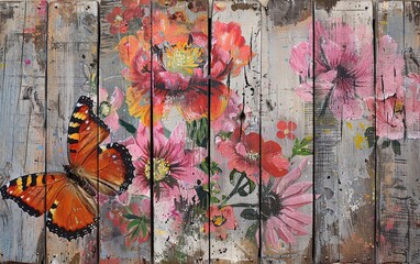 a panel of colourful paintings and a butterfly flower on a wooden plank background. for template graphic design artwork. presentation. advertisement. copy text space.