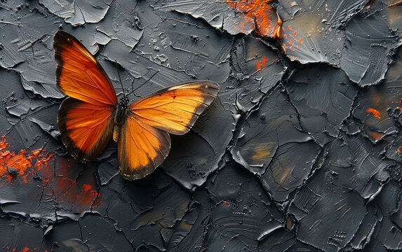Beautiful orange butterfly scratched gray-black rock stone texture background. Flat lay, top view. for template graphic design artwork. presentation. advertisement. copy text space.