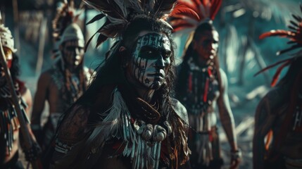A group of Aztec warriors adorned in feathers and intricate body paint stand together in anticipation of battle representing the fierce unity of their army.