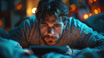 A man comfortably sits on his bed, engrossed in the soft glow of a tablet in his hands. A moment of relaxation and leisure with modern technology. Generative AI.