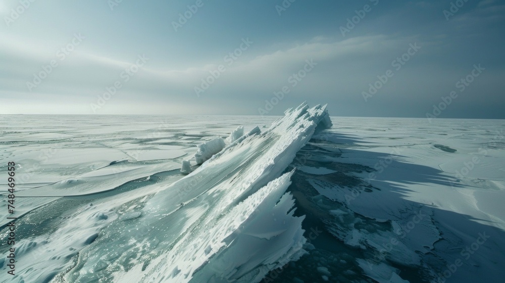 Poster the jagged edges of icebergs jut out from the crystalclear waters a stark contrast to the smooth fro