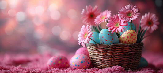 Colorful Easter eggs in a basket with pink flowers. Basket with colorful Easter eggs and blooming flowers on the table on pink background. Copy space Easter holiday, pink color..