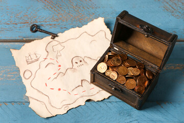 Old chest with coins, key and treasure map on blue wooden background