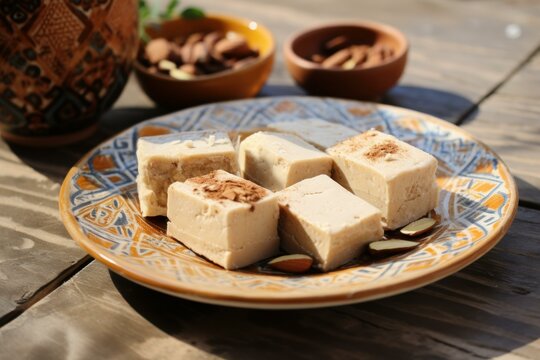 Dense Plate piece halva. Oriental food sweet nutrition sugar. Generate Ai