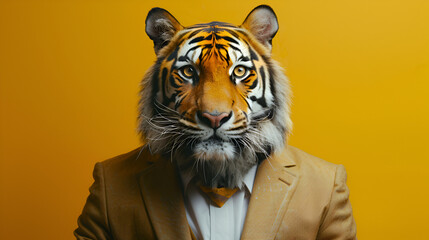 Wild anthropomorphic tiger roams the jungle wearing a friendly smile, inviting you to explore its world. Generative Ai

 - obrazy, fototapety, plakaty