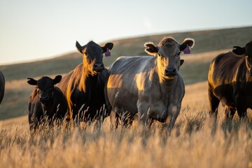 cows and calfs grazing on dry tall grass on a hill in summer in australia. beautiful fat herd of...