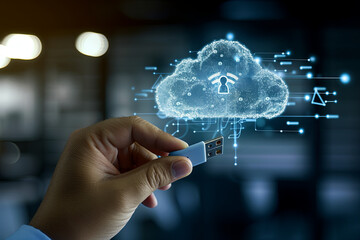A hand holding a USB flash drive, inserting it into a holographic cloud with files and folders being transferred