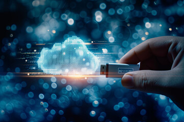 A hand holding a USB flash drive, inserting it into a holographic cloud with files and folders being transferred
