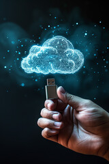 A hand holding a USB flash drive, inserting it into a holographic cloud with files and folders being transferred