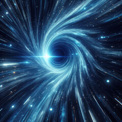Warp tunnel wormhole moving in hyperspace, abstract blue energy vortex, black hole, wormhole, event...