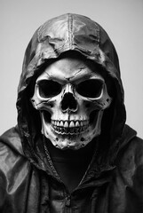 Skull in a hoody black and white. Halloween . Santa Muerte, Calavera, Mexicans Day of the Dead, Dia de Los Muertos.
