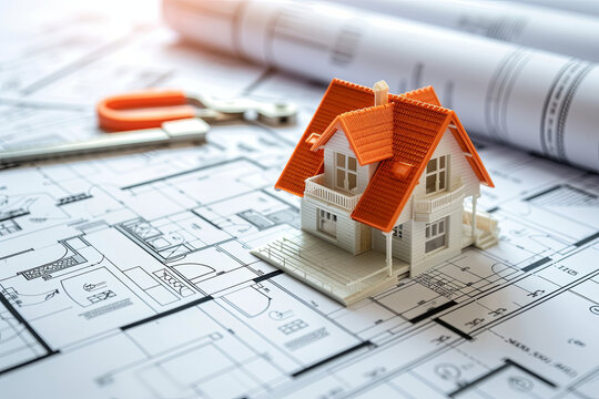 Concept of house construction and repair - architectural design items on a blueprint