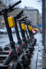A row of electric scooters at a public charging station