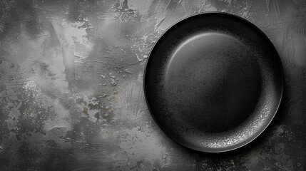Top view of an empty black plate on a gray concrete background, perfect for showcasing culinary creations and minimalist aesthetics, Generative Ai.


