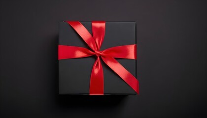 Overhead view of a black gift box tied with a red ribbon on a black background