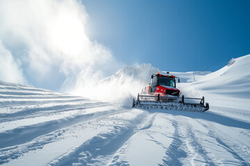 Naklejka premium Snow groomer ascending a slope